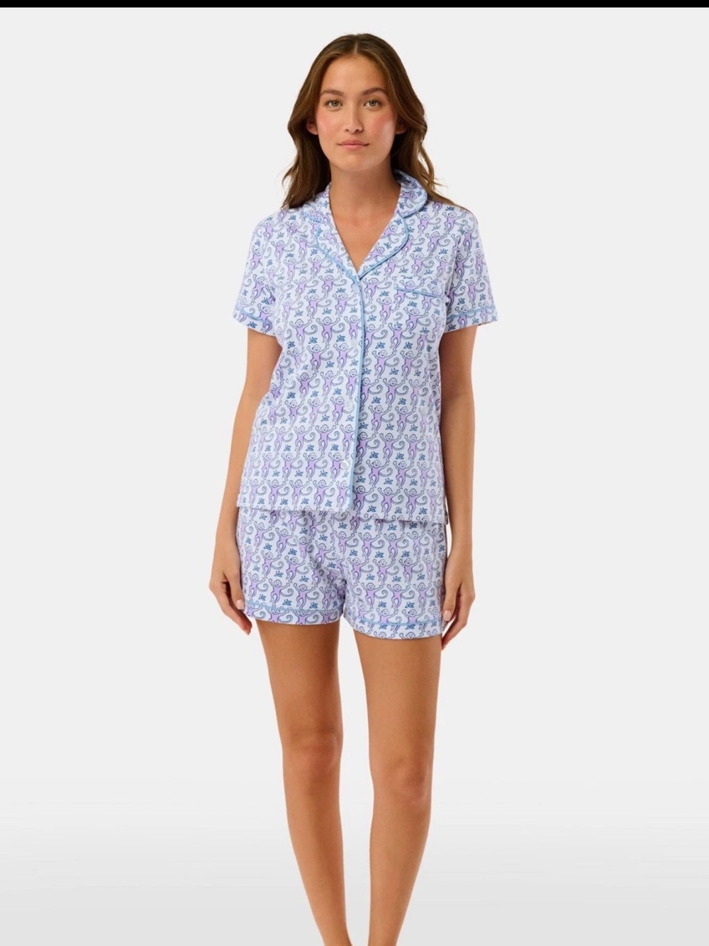 Roller Rabbit Purple & White Monkey Print Short Pajama Set- lavender- L